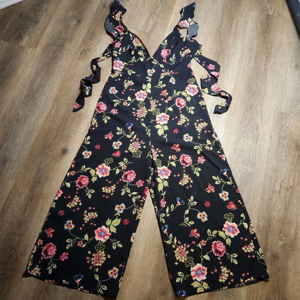 Floral Wide-Leg Jumpsuit - Black with Pink & Green Floral Print